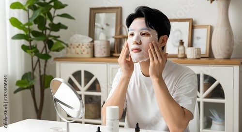 Young asian man applying a white sheet mask to his face, performing skincare routine with soft natural light in a bright, minimalist home setting.