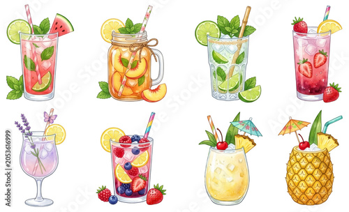 watercolor illustration set of colorful summer cocktails and refreshing drinks