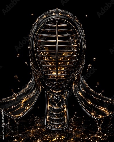 Black Gold Liquid Metal Kendo Helmet on Dark Background – Futuristic Japanese Martial Arts Concept