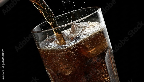 Refreshing cola drink being poured into a glass filled with ice cubes, creating bubbles and foam.