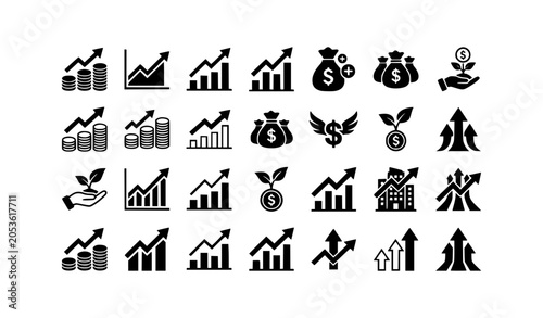 Financial growth icons with money increase and investment return symbols