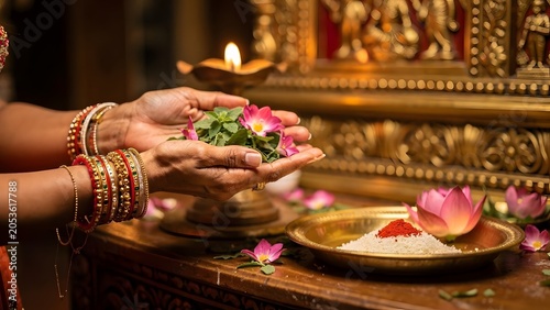 Devotee offering flowers during Hindu prayer ritual at a temple shrine