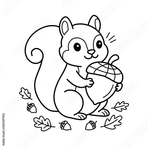 Cute squirrel with acorn coloring page for kids