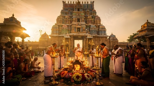 Hindu priests performing sacred fire ritual with oil lamps at sunset at a South Indian temple during Ekadashi festival