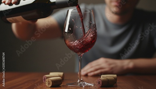 Close-up of red wine being poured into a glass, with corks on a wooden table.