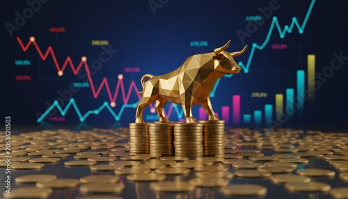 Golden bull statue standing on stacked coins with stock market charts in the background, symbolizing financial growth and investment success.