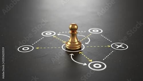 Golden chess pawn in the center of a strategic diagram with circles and crosses.