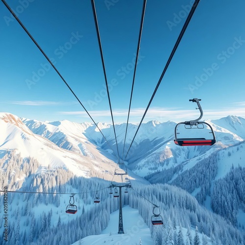 Low angle view of ski lift ascending snowy mountains,  recreation,  low angle