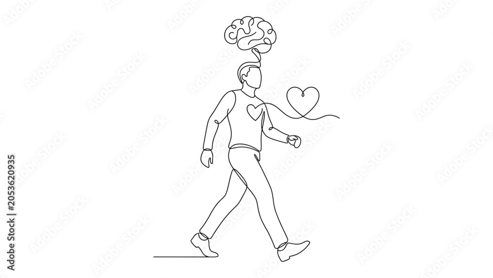 Fototapeta premium Man walking with heart and brain thoughts.