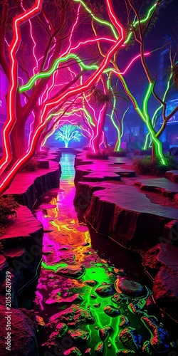 Neon arteries flow through a bioluminescent park, stone channels catching electric runoff,  urban oasis,  infrastructure