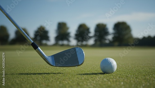Close-up of a golf club about to strike a white golf ball on a green golf course fairway.