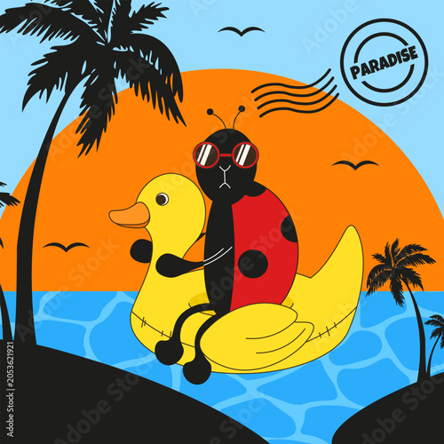 Summer Poster with Postage Stamp. Vector ladybug on the rubber ring in the sea with palm tree background. Tropical vacation concept. EPS 10