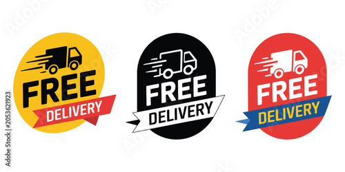 Bild auf Leinwand Free delivery icon, delivery truck symbol with circular labels for ecommerce, co