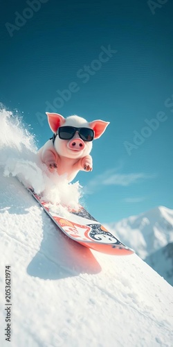 Piggy shredding a snowy peak, sunglasses on, mid-air thrill ,  air,  blue sky