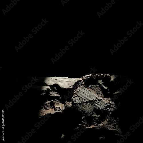 Raw, weathered surfaces emerge from deep shadows, sculpted by stark, directional light, revealing a visceral, tactile history,  worn,  surface