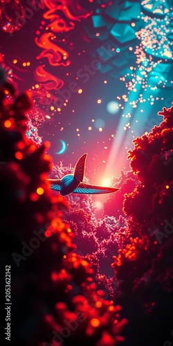 Radiant vision in neon depths, fins slicing through glowing coral and shimmering scales ,  silver flash,  iridescent