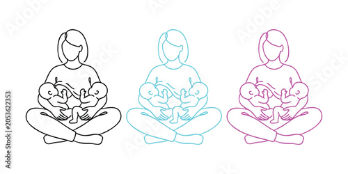Foto Mother Breastfeeding Twins Sitting Cross Legged Vector Illustration, Tandem Nurs