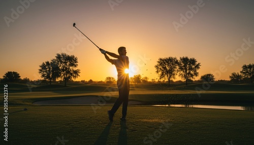 Golfer silhouetted against a beautiful sunset on a golf course, swinging a club.