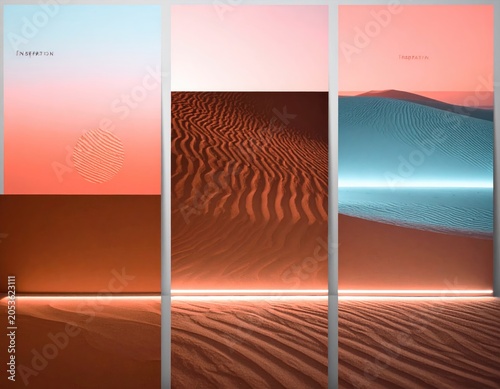 Three-panel composition depicting desert landscapes in coral, pink, and blue hues