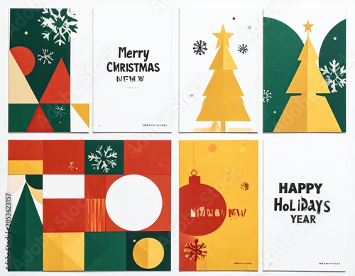 Eight holiday greeting cards; geometric designs, festive colors, minimalist style, snowflakes