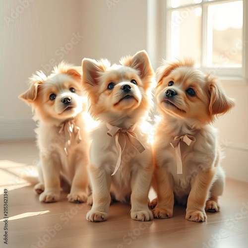 Soft pastel pups tilt, dreamlike light, ethereal doggy ballet,  playful,  dutch angle