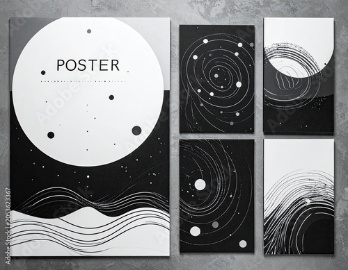 Assortment of abstract black and white designs on posters and cards, including spheres and lines