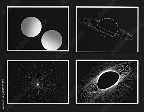 Four framed artworks showcasing minimalist representations of celestial bodies against a dark background