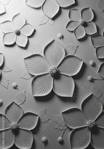 Elegant 3D White Floral Bas-Relief Wall Art Background with Embossed Flowers and Leaves