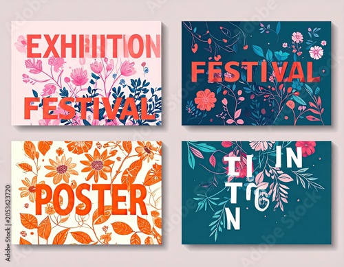 Four artistic rectangular cards with floral designs and bold text overlays