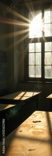 Sunlight fractures through a grimy pane, etching abstract patterns on deserted desks and echoing the passage of time,  passage of time,  light