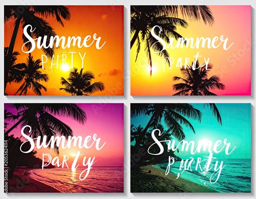 Four vibrant sunset beach scenes with palm trees and 