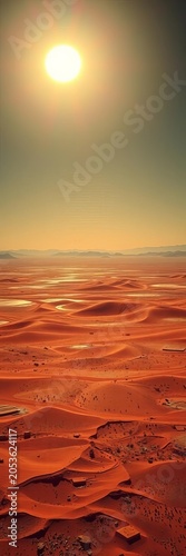 A vast desert landscape shimmering under the harsh, unyielding glare of a high noon sun,  vast,  nature