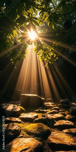 Sunlight streams through ancient leaves, casting dappled gold on mossy stones below, a tranquil, quiet moment,  mossy,  low angle