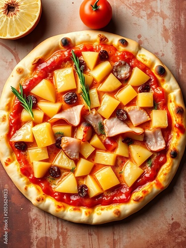 Sweet pineapple chunks and savory ham arranged on a pizza canvas,  uncooked,  fruit