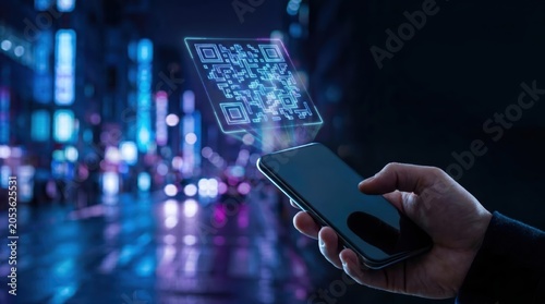 QR payment in a cashless society, hand scanning neon holographic code with smartphone at night, futuristic technology style