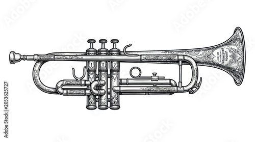 Bild auf Leinwand Vintage Trumpet Illustration, Brass Musical Instrument, Orchestra, Jazz, Classic