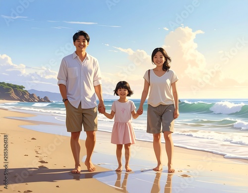 happy Asian family of three standing together on a sandy beach beside the ocean