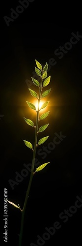 Vibrant emerald study in form, a single branch ascends against a radiant, shadowless void, capturing the essence of unfurling life,  modern,  artistic