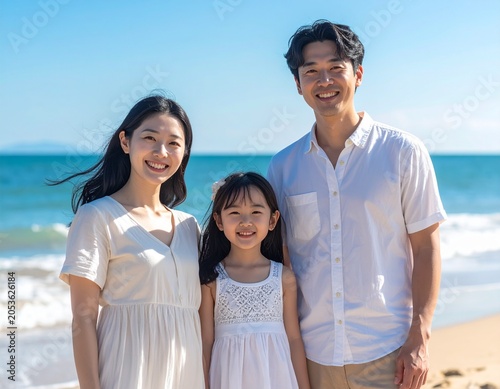 happy Asian family of three standing together on a sandy beach beside the ocean