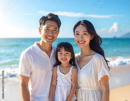 happy Asian family of three standing together on a sandy beach beside the ocean