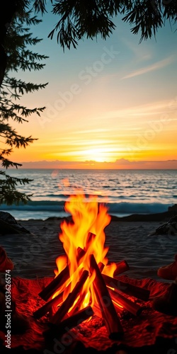 View from cozy beach camp, fire crackles, sunset paints sky gold over calm ocean,  outdoor relaxation,  ocean view