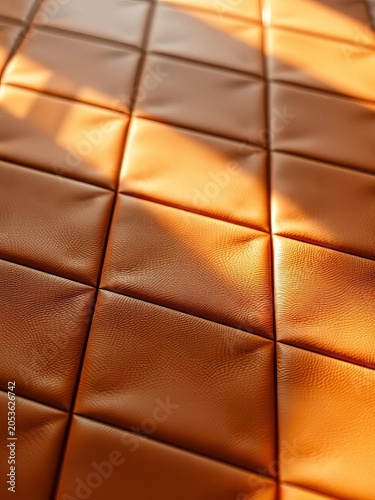 Warm caramel leather unfolds across a series of precise, interlocking squares, diffused light creating a dreamy haze,  aesthetic,  artistic arrangement