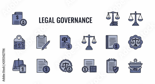 Quadro su tela law governance legal justice icons set.