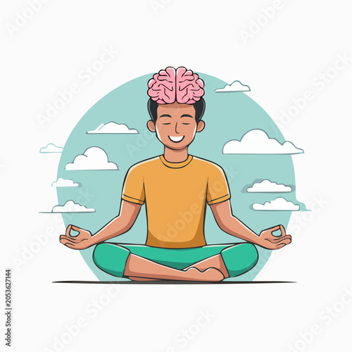 Man Meditating with Brain Illustration