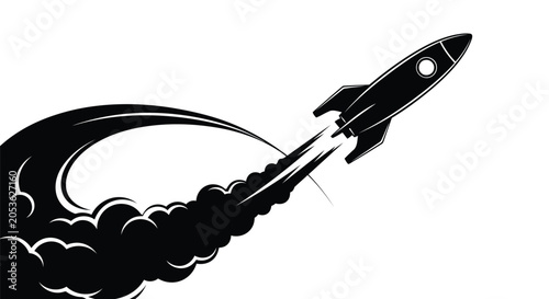 Black rocket ship launching into the sky with smoke