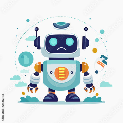 Sad Robot Character with Cleaning Supplies