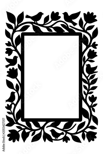 Black and white silhouette frame with birds and floral ornaments