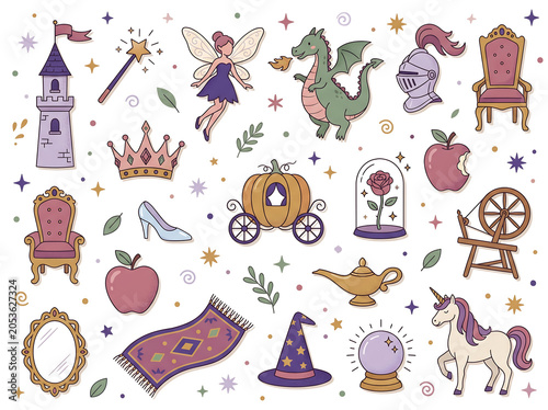  Flat whimsical Fairy Tale icon collection scattered across white background with muted storybook palette and retro vector style