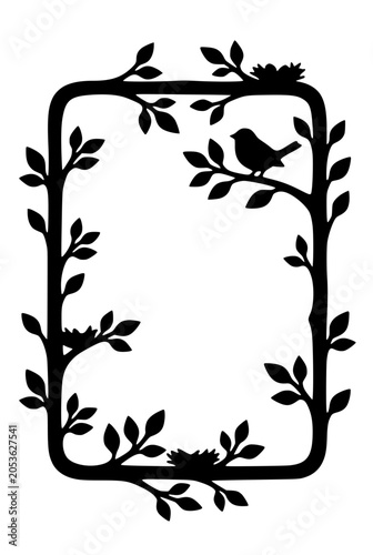 Tree branch frame silhouette with bird and nests