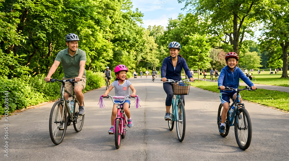 Fototapeta premium Happy family cycling together through green park on weekend morning, active sustainable lifestyle and green family living concept
